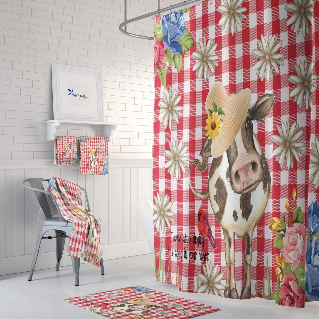 Gingham Cow Disney Shower Curtain Set with Optional Accessories Herasem