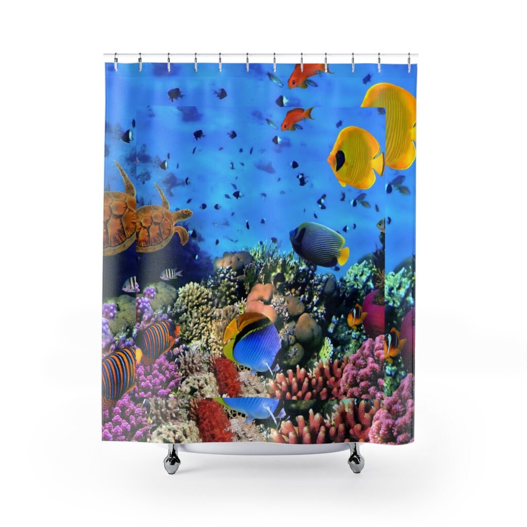 Underwater Coral Reef and Fish Shower Curtain for Seaside Bathroom