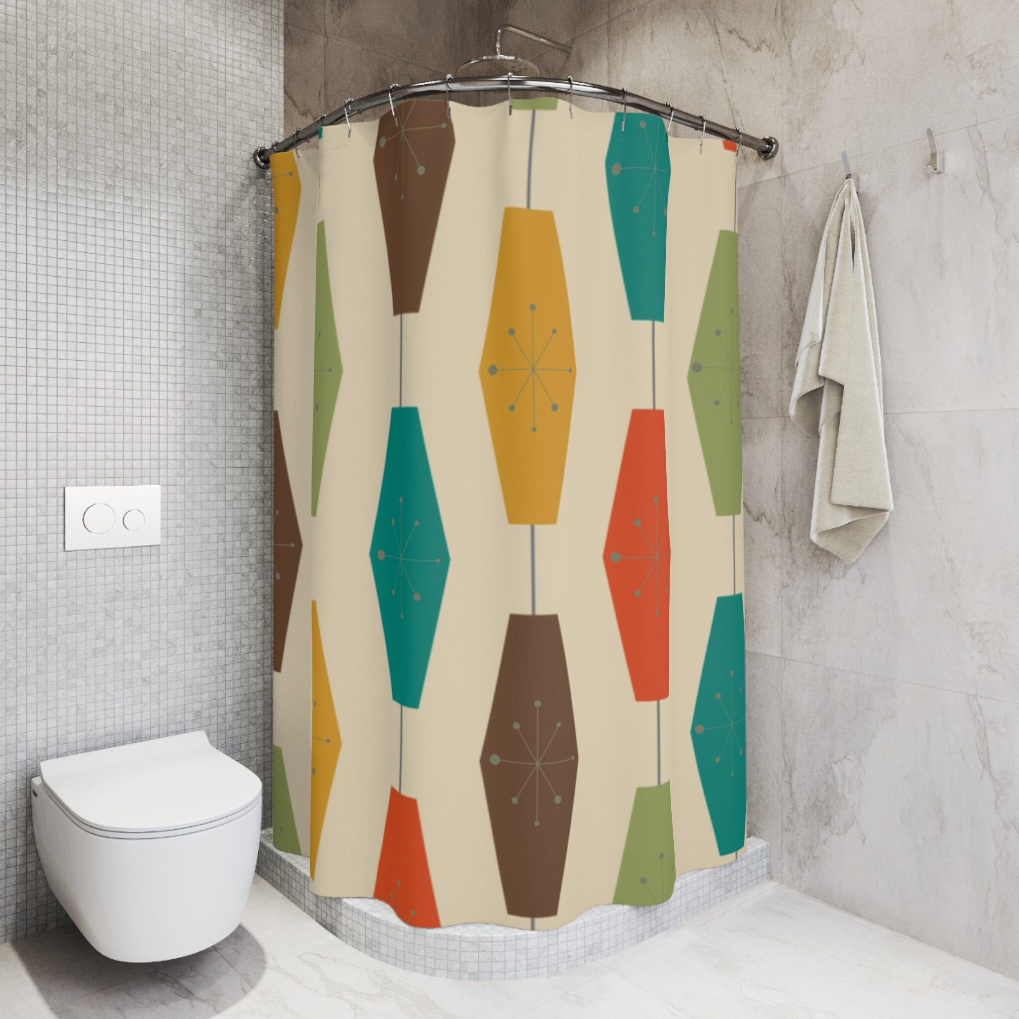MCM Shower Curtain with Atomic Starburst and Geometric Groovy Light
