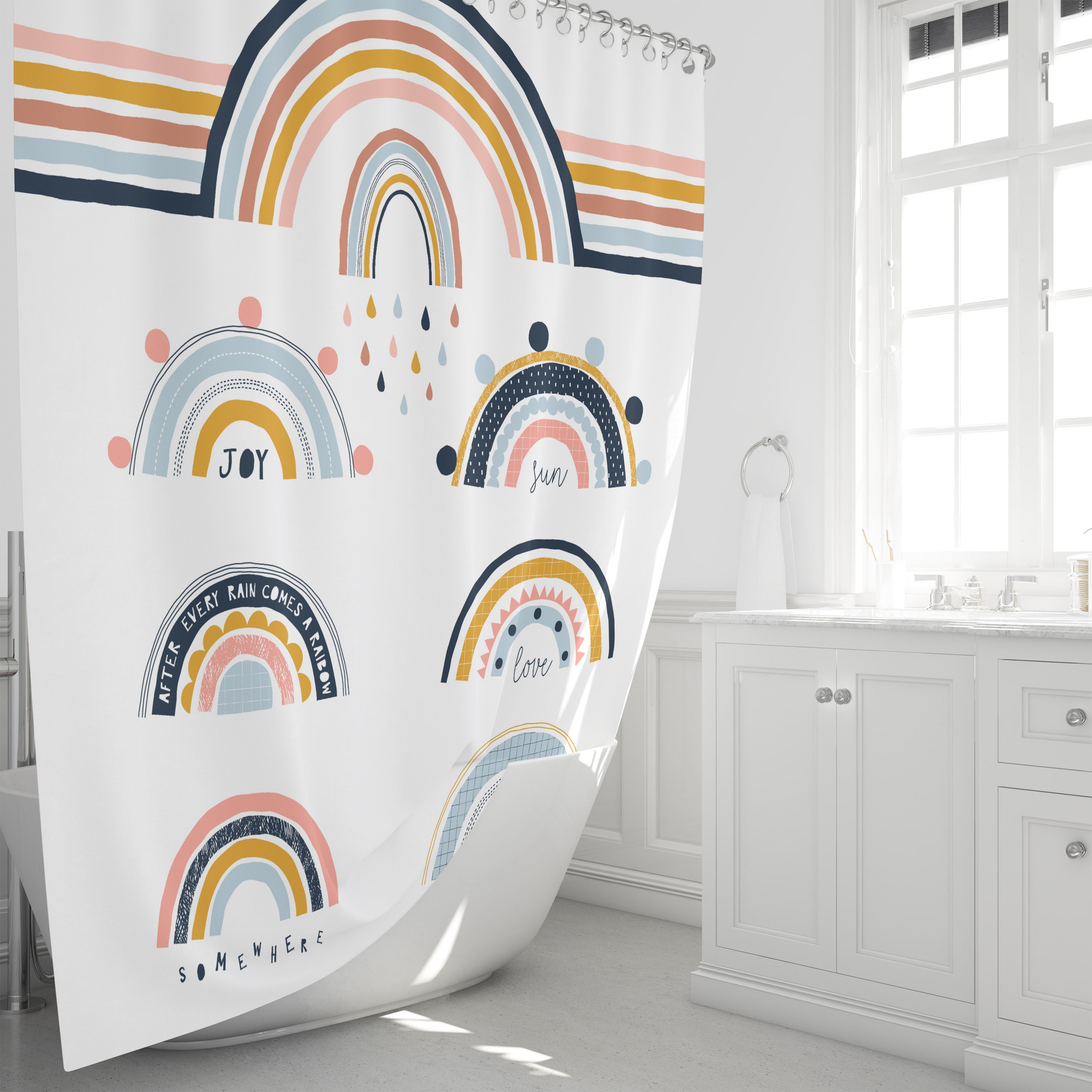 Mid Century Modern Shower Curtain with Rainbow Atomic Design Herasem