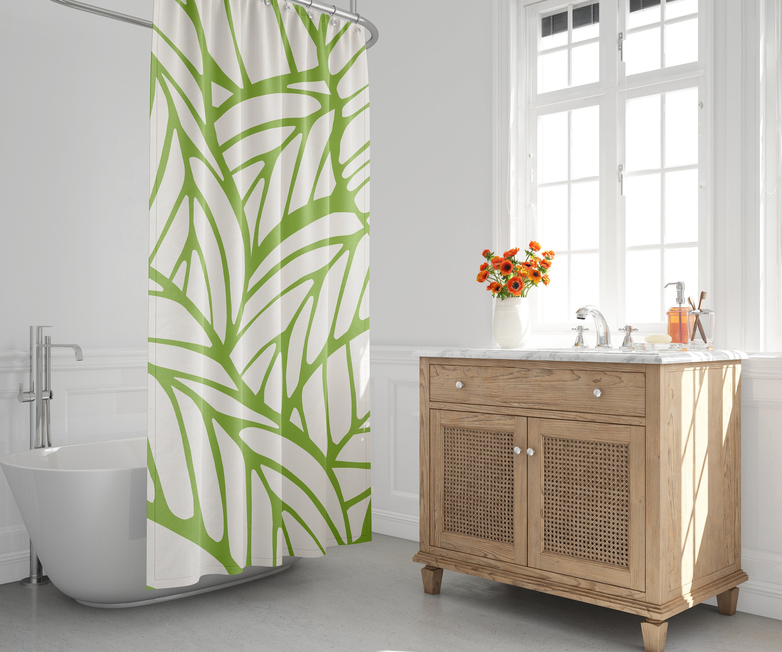 Lime Green Botanical and Tropical Leaf Shower Curtain Minimalist Design for Spring Herasem